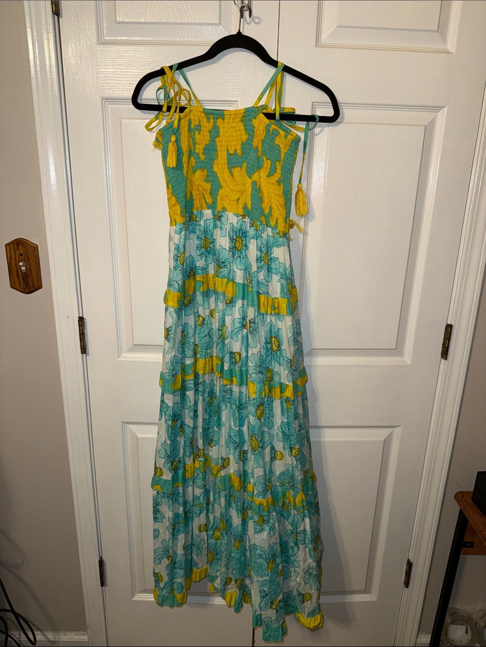 Moda Posa Smocked Teal & Yellow Floral Maxi Dress with Tie Straps